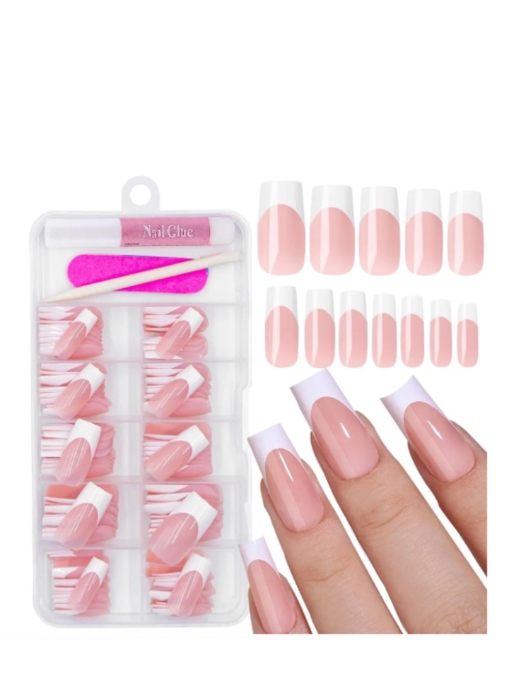 Nude Pink And White French Tip Medium Square Press-On Nails